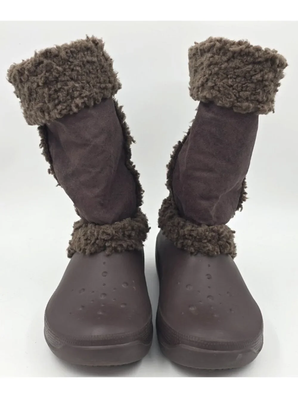 Crocs Tall Winter Boots Brown Faux Fur Lining & Cuff Pull On Comfort Women's 10